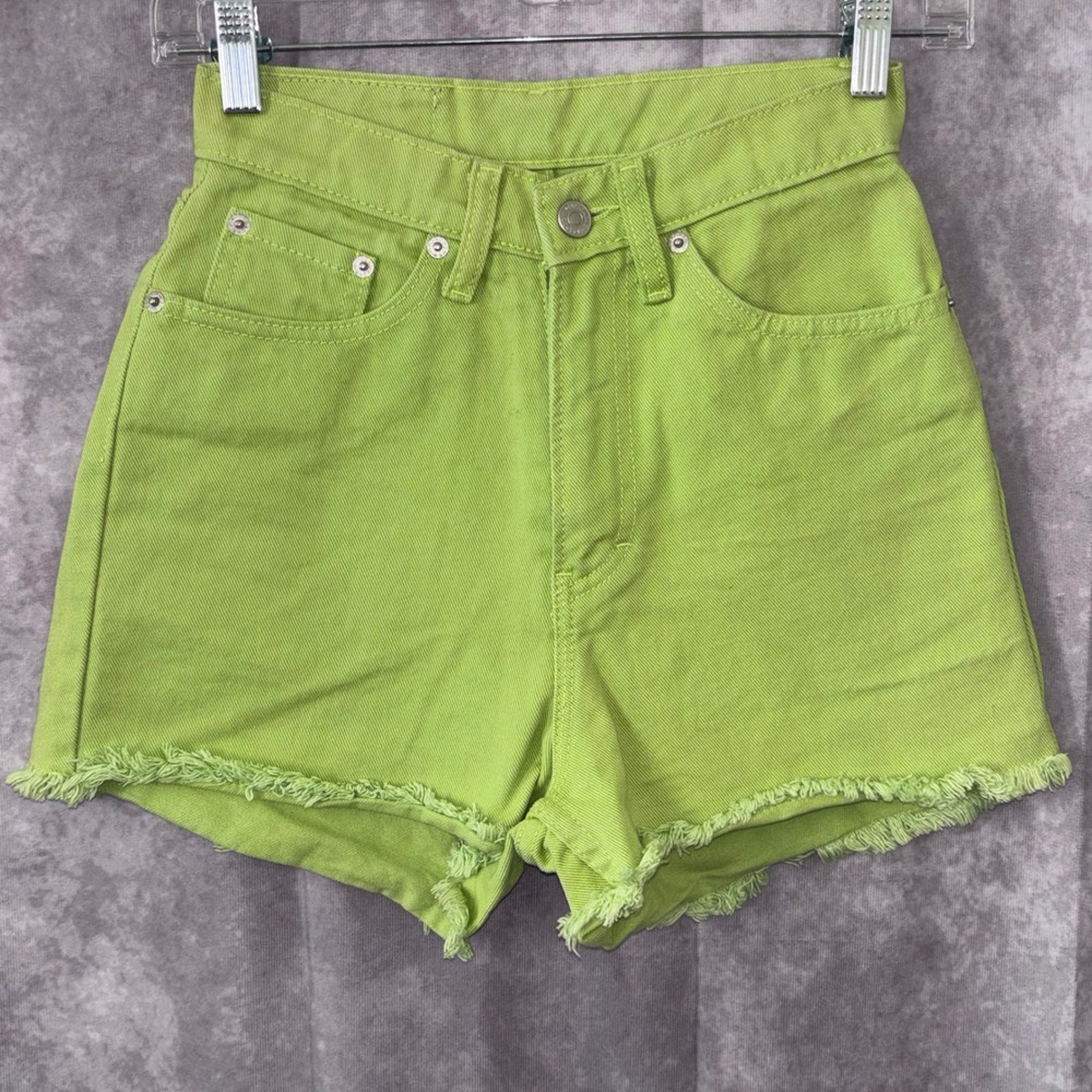 Vintage '03‎ Jordache Green High Waisted Cut Off Denim Shorts Neon Womens 3/4